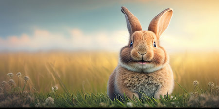 cute animal pet rabbit or adorable bunny on the meadow for easterの素材