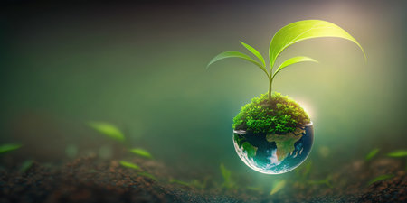 green nature background concept for earth day with plant seed in the forest growing on the planet and water around itの素材