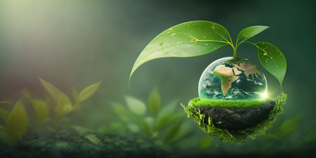 green natural conversation background for earth day april with plant seed in the forest growing on the planet and water around itの素材