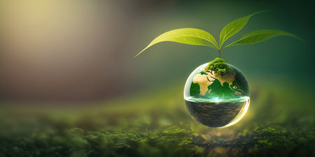 green natural environment background for earth day with plant seed in the forest growing on the planet and water around itの素材