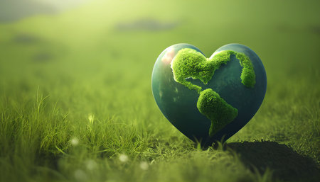 heart shaped planet on green grass for earth dayの素材