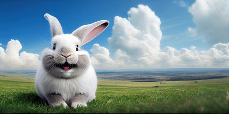 cute animal pet rabbit or adorable bunny on the meadow for easter bannerの素材