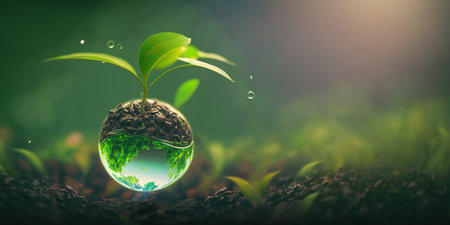 green natural environment background for earth day april concept with plant seed in the forest growing on the planet and water around itの素材