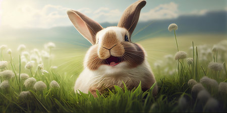 cute animal pet rabbit or adorable bunny on the meadow for easter backgroundの素材
