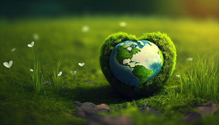 heart shaped planet on green grass for earth dayの素材