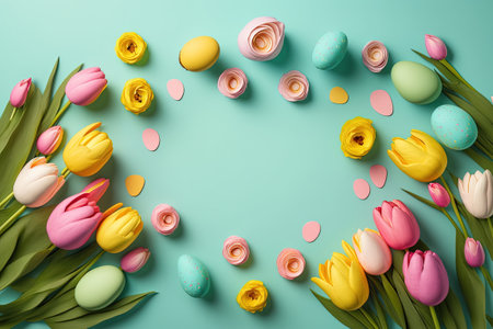 colorful tulips and eggs lying on teal green background with copy space for easter celebrationの素材