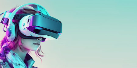 woman using digital device technology googles headset looking into the world of metaverse augmented realityの素材