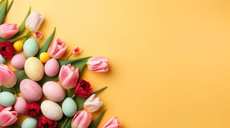 Happy Easter background with tulips and decorative eggs in various colorsの素材