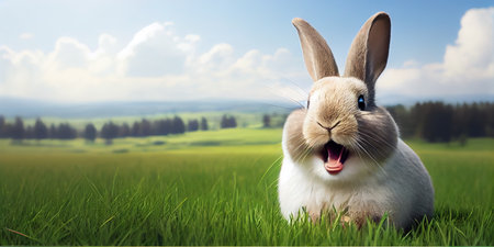 cute animal pet rabbit or adorable bunny on the grass for easter bannerの素材