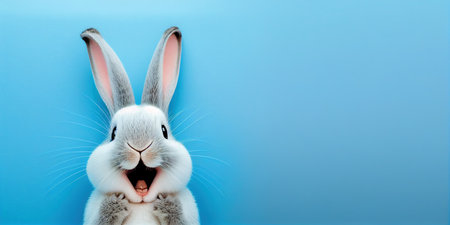 cute animal pet rabbit or bunny white color smiling and laughing isolated with copy space for easter cardの素材