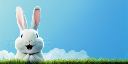 cute animal pet rabbit or bunny white color smiling and laughing isolated with copy space for easter celebrationの素材