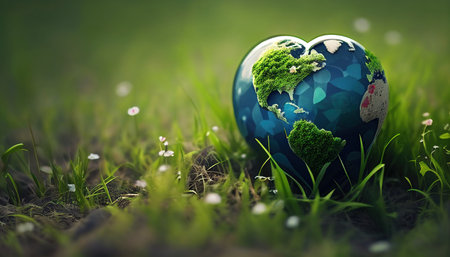 heart shaped planet on green lawn for earth dayの素材