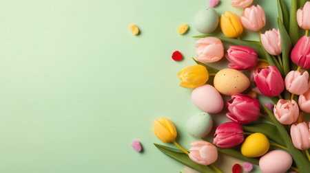 Happy Easter background with tulips and decorative eggsの素材