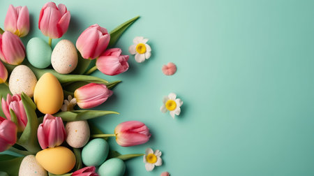 Top View of Happy Easter background with tulips and decorative eggs in various colorsの素材