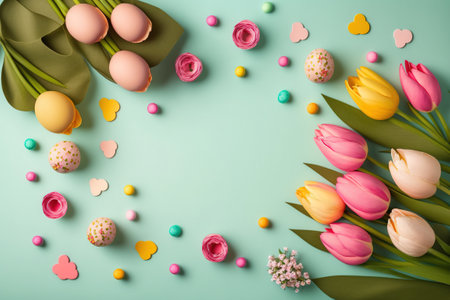 colorful tulips and eggs lying on teal green background with copy space for easter celebrationの素材