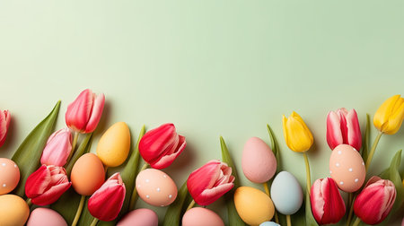 Happy Easter concept with tulips and decorative eggsの素材