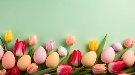 Happy Easter with tulips and decorative eggsの素材