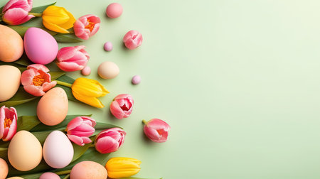 Happy Easter celebration background with tulips and decorative eggsの素材