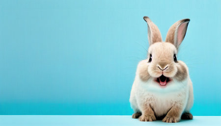 cute animal pet rabbit or bunny white color smiling and laughing isolated with copy space for easter greeting cardの素材