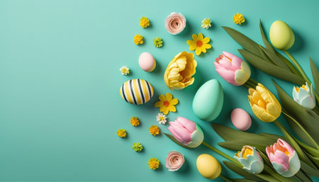 colorful tulips and eggs lying on teal green background with copy space for easter greeting cardの素材