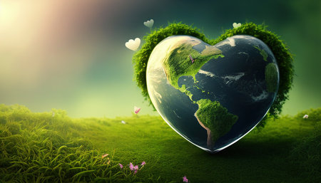 heart shaped planet on green grass for earth dayの素材