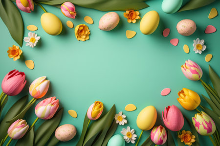 colorful tulips and eggs lying on teal green background with copy space for easter celebrationの素材