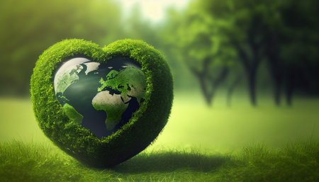 heart shaped planet on green lawn for earth dayの素材