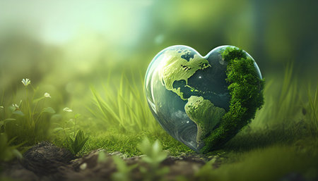 heart shaped planet on green meadow for earth dayの素材