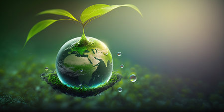 green nature background concept for earth day with plant seed in the forest growing on the planet and water around itの素材