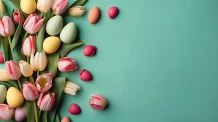 Happy Easter with tulips and decorative eggs in various colorsの素材