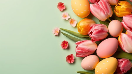 Happy easter holiday concept with tulips and decorative eggs in various colorsの素材