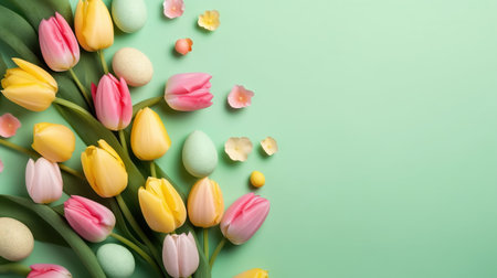 Happy Easter background with tulips and decorative eggsの素材