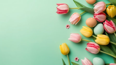 Happy easter holiday celebration background with tulips and decorative eggs in various colorsの素材