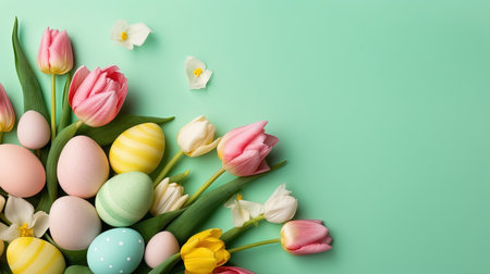 Happy Easter greeting background with tulips and decorative eggsの素材