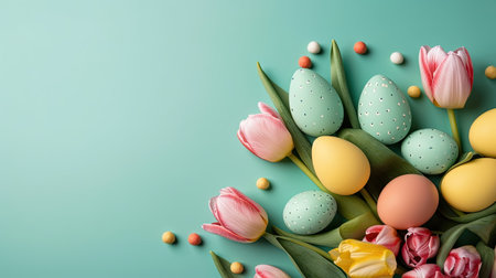 Happy Easter greeting background with tulips and decorative eggs in various colorsの素材