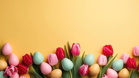 Top View of Happy Easter card background with tulips and decorative eggsの素材