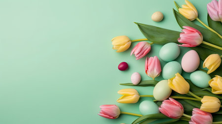 Happy easter holiday concept with tulips and decorative eggs in various colorsの素材