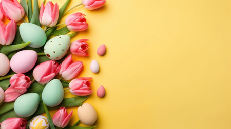 Top View of Happy Easter greeting background with tulips and decorative eggsの素材