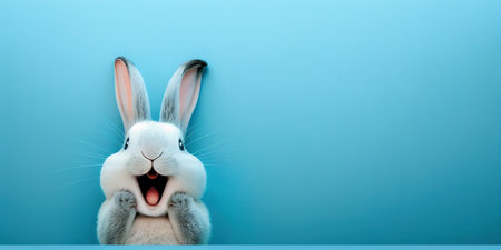cute animal pet rabbit or bunny white color smiling and laughing isolated with copy space for easter bannerの素材