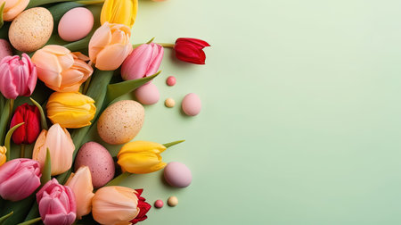 Happy easter holiday greeting background with tulips and decorative eggs in various colorsの素材