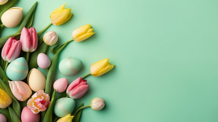 Happy Easter greeting background with tulips and decorative eggsの素材