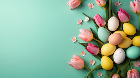 Top View of Happy Easter greeting background with tulips and decorative eggs in various colorsの素材