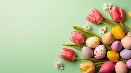 Happy easter holiday card background with tulips and decorative eggs in various colorsの素材