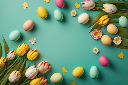colorful tulips and eggs lying on teal green background with copy space for easter cardの素材