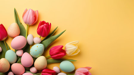 Top View of Happy Easter concept with tulips and decorative eggsの素材