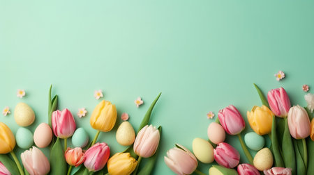 Happy easter holiday greeting background with tulips and decorative eggs in various colorsの素材