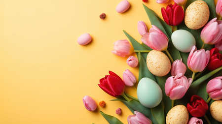 Top View of Happy Easter greeting background with tulips and decorative eggsの素材