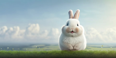 cute animal pet rabbit or bunny white color smiling and laughing isolated with copy space for easter backgroundの素材
