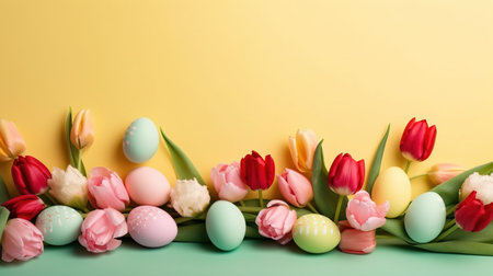 Top View of Happy Easter greeting background with tulips and decorative eggsの素材