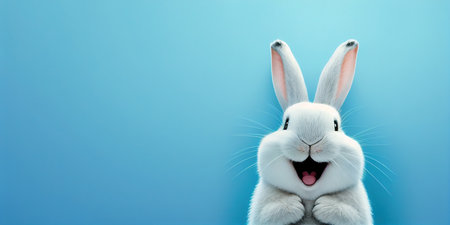 cute animal pet rabbit or bunny white color smiling and laughing isolated with copy space for easter greeting cardの素材